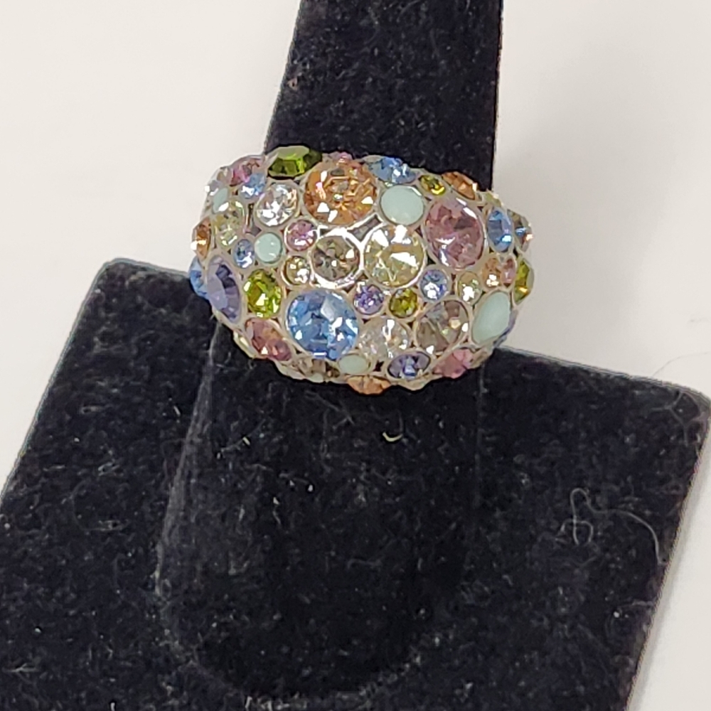 fossil rhinestone pave statement ring size 8 auroa borealis rainbow silvertone
